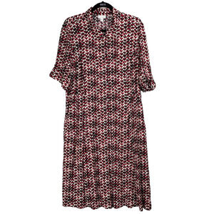 J. Jill Shirt Midi Dress Size 16 Red Black White Triangle Print Tabbed Sleeves